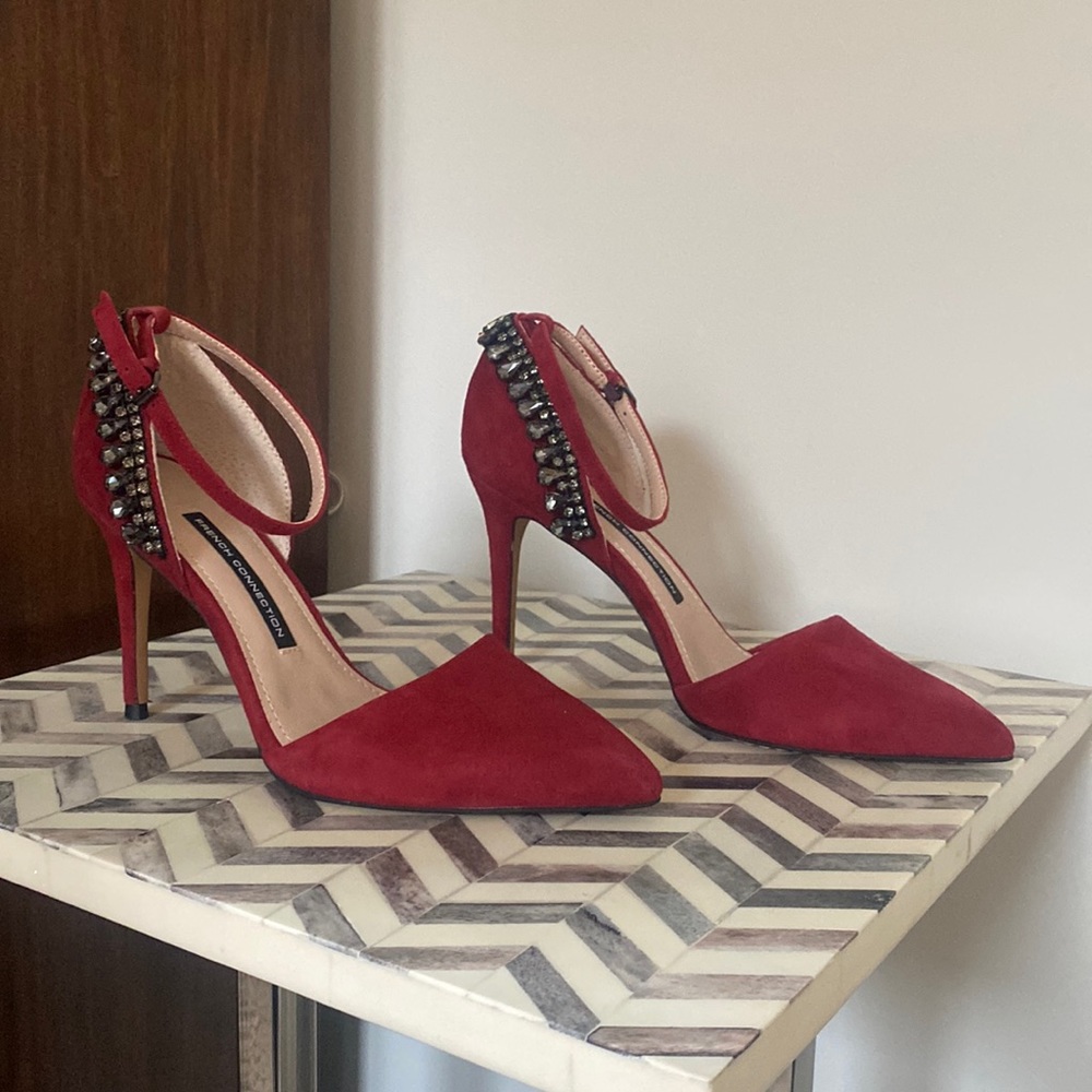 French Connection red suede heels with crystal accents sz 8